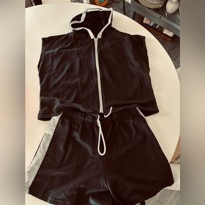 VINTAGE 90s 2PC Short Set With Zippered Hoodie Black with Gray Stripes